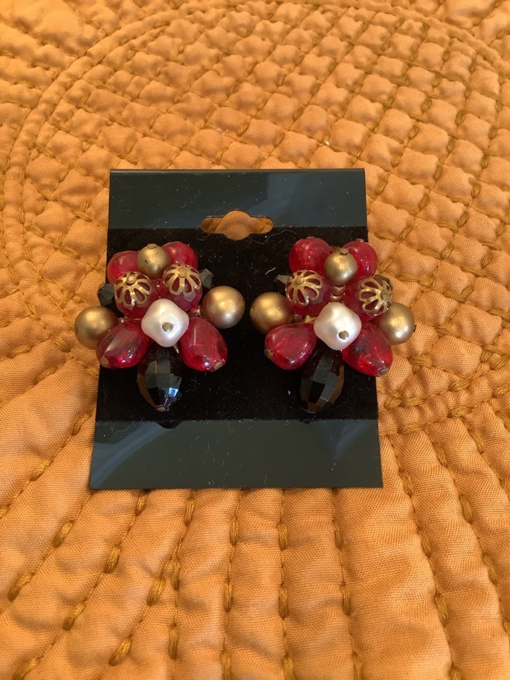 Vintage Red Beaded Cluster Clip-On Earrings with Gold Accents